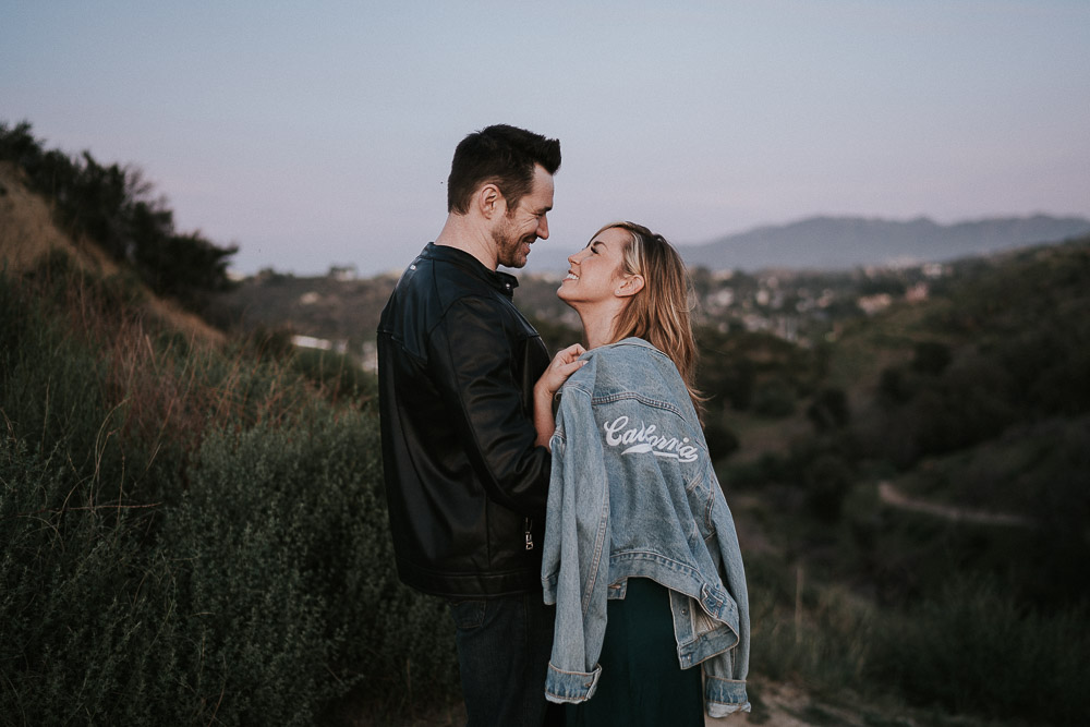 Couple at blue hour during engagement session in los angeles canyon