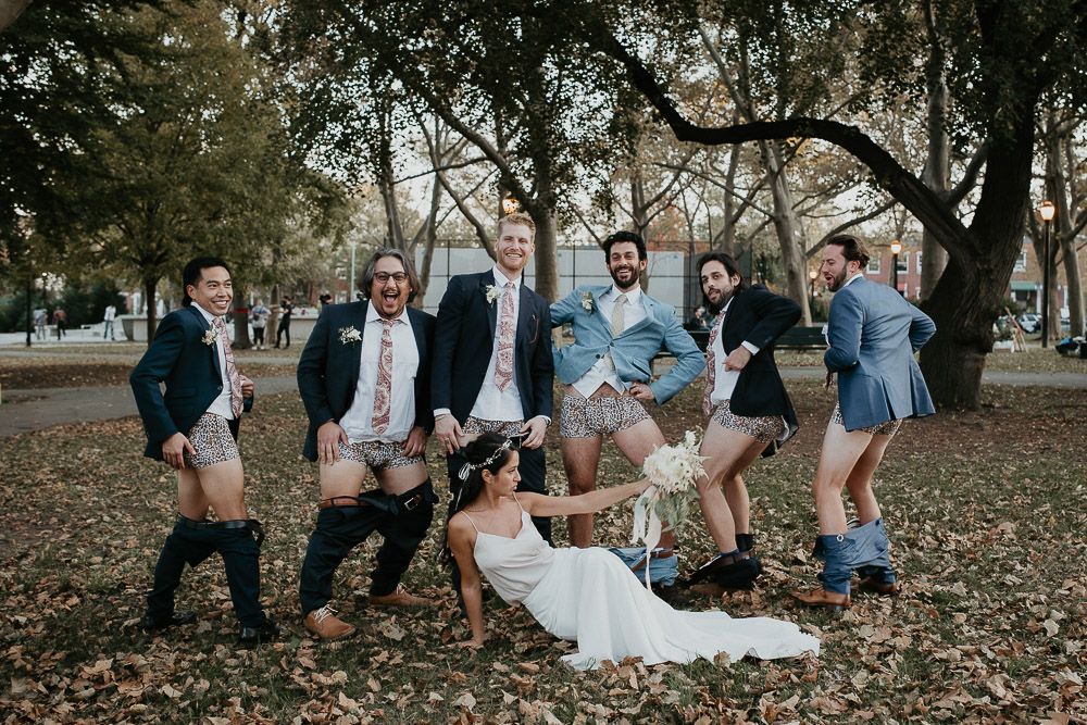 Goofy groomsmen at fall brooklyn park wedding