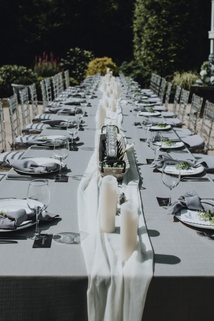 Reception table at backyard wedding in the hamptons