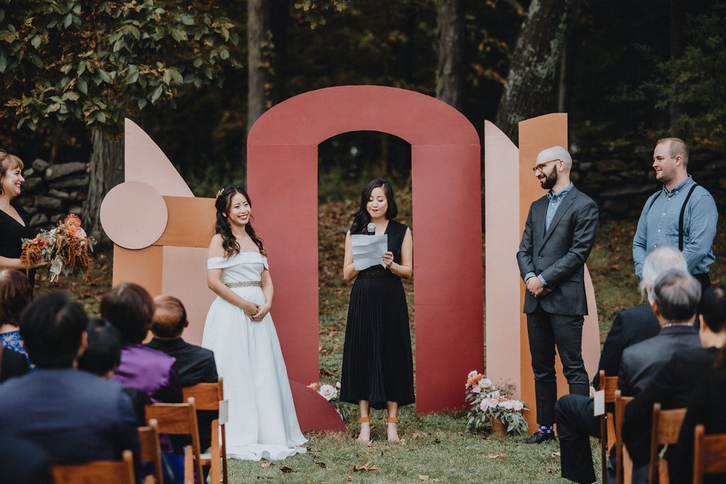 colorful ceremony at fall wedding in Hudson Valley