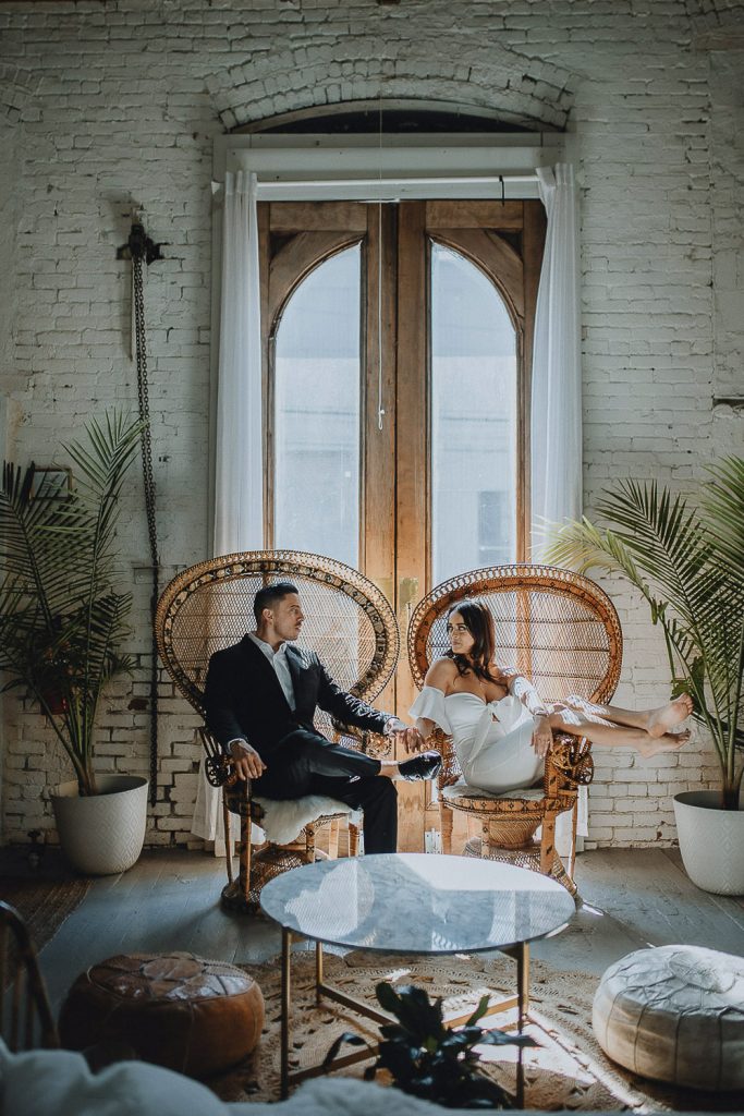 Bride and groom at bohemian chic wedding in brooklyn loft