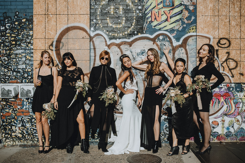 Badass bride and bridesmaids in streets of nyc before fall wedding