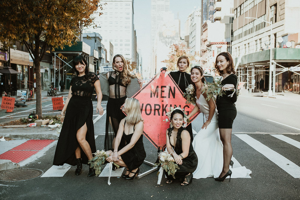 Badass bride and bridesmaids in streets of nyc before fall wedding