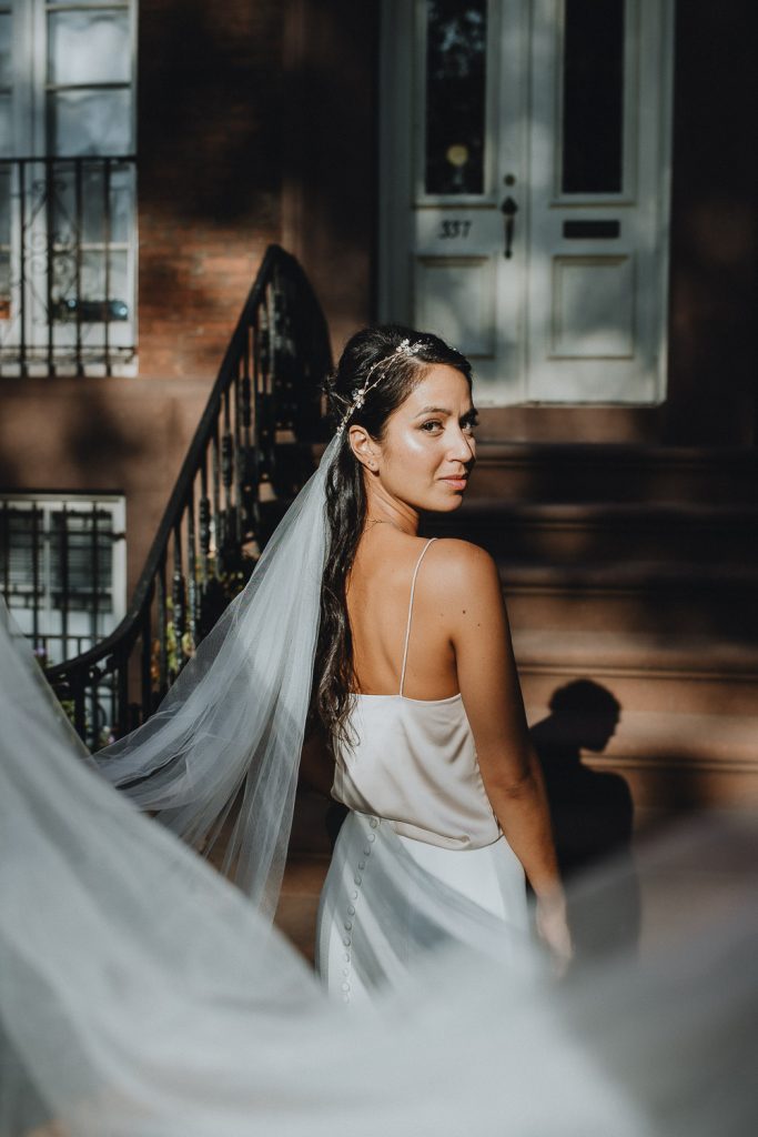 Bride's veil shot portrait at nyc fall wedding