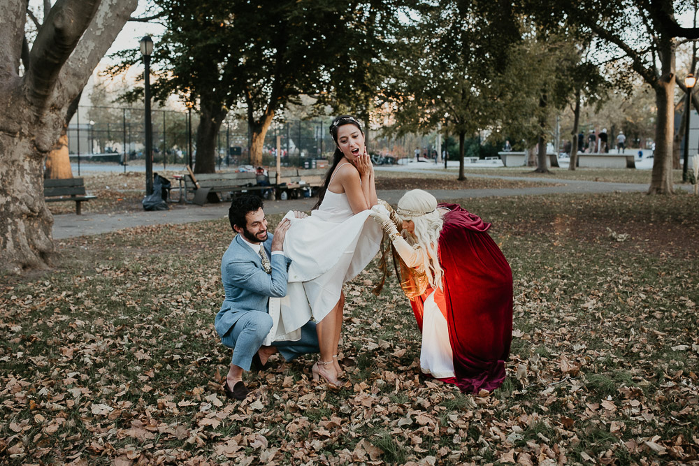 Goofy bride and groom at fall brooklyn park wedding