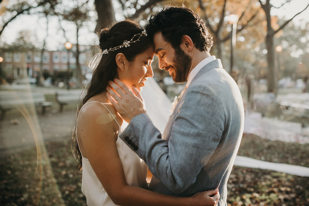 Bride and groom's golden hour portrait at fall brooklyn wedding