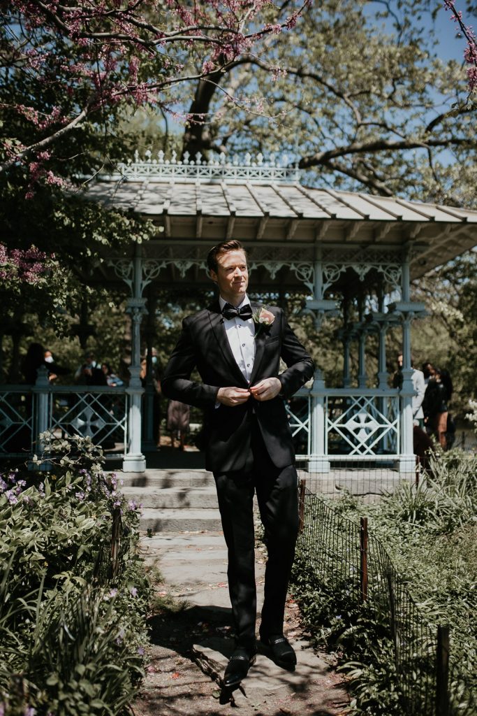 Groom portrait at nyc wedding in central park