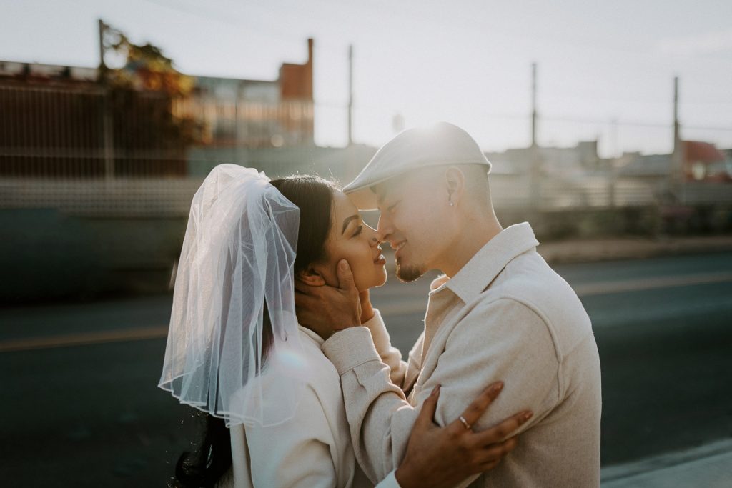 Couple during urban elopement in east williamsburg brooklyn