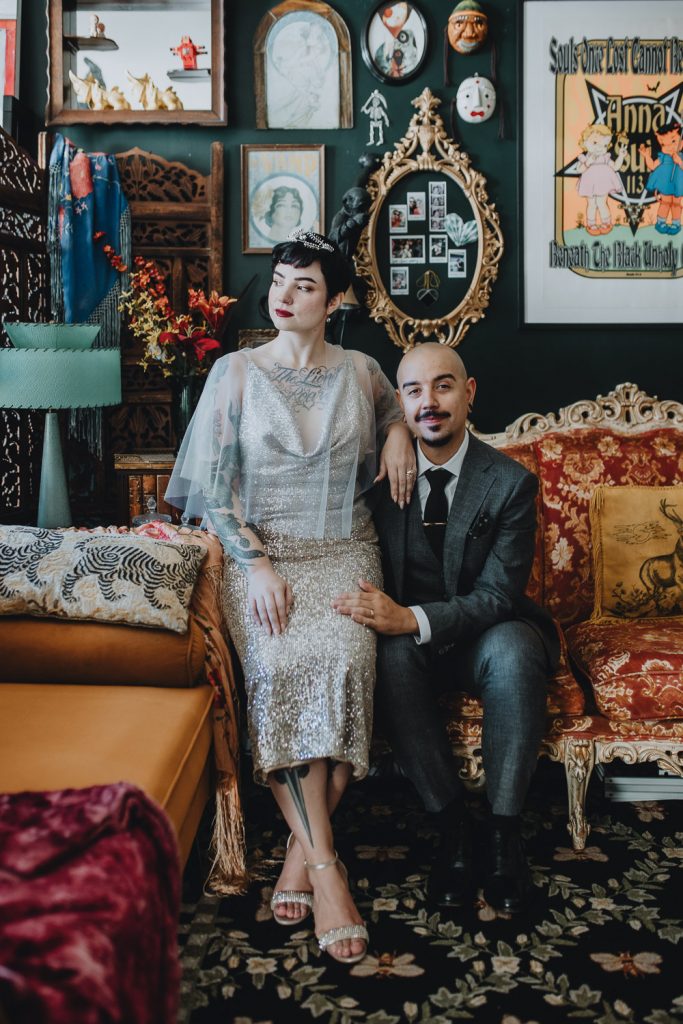 Tattooed bride and groom in quirky loft during brooklyn elopement