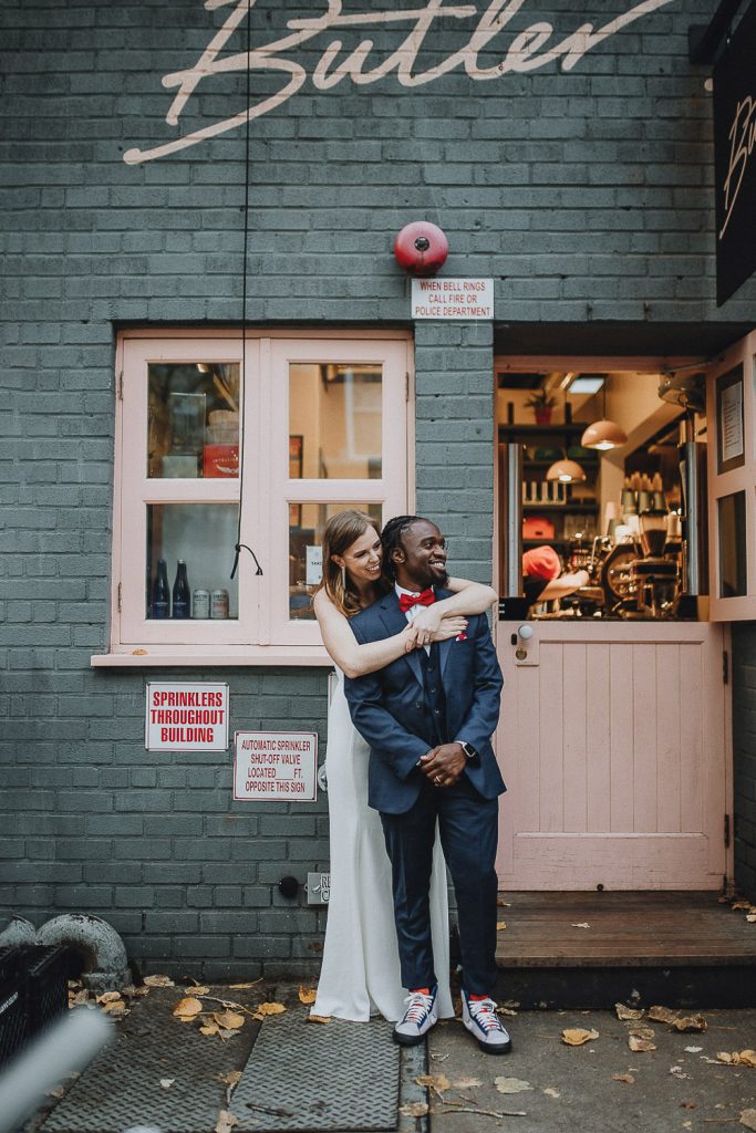 Interracial bride and groom during brooklyn elopement