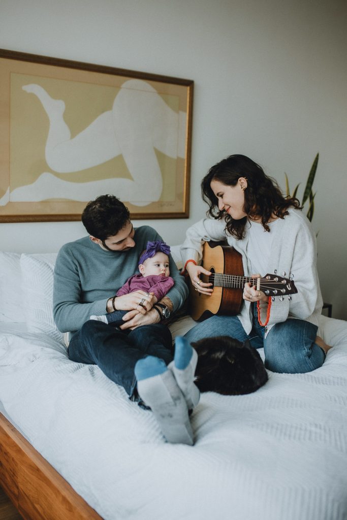 Family of three during at home photoshoot in brooklyn