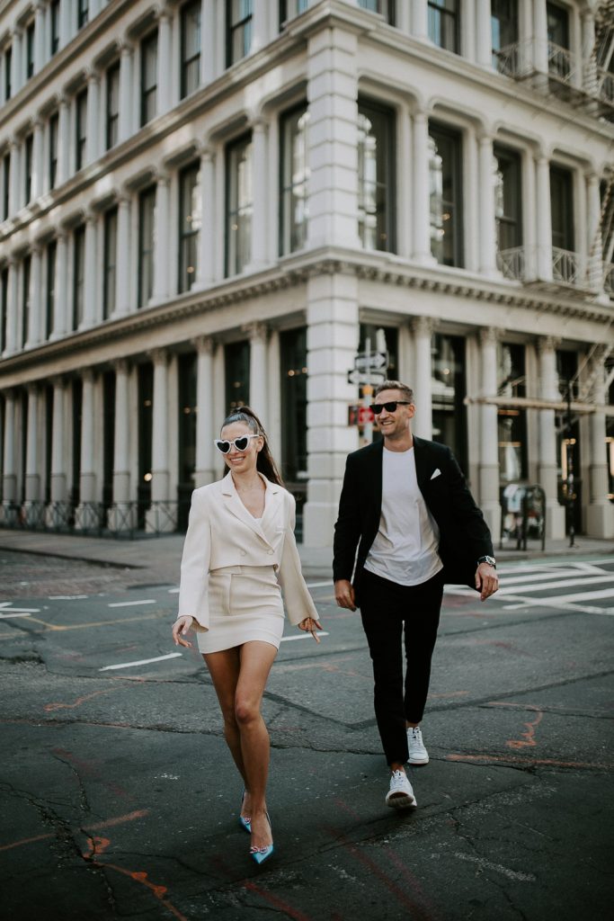 Couple during engagement photoshoot in soho nyc