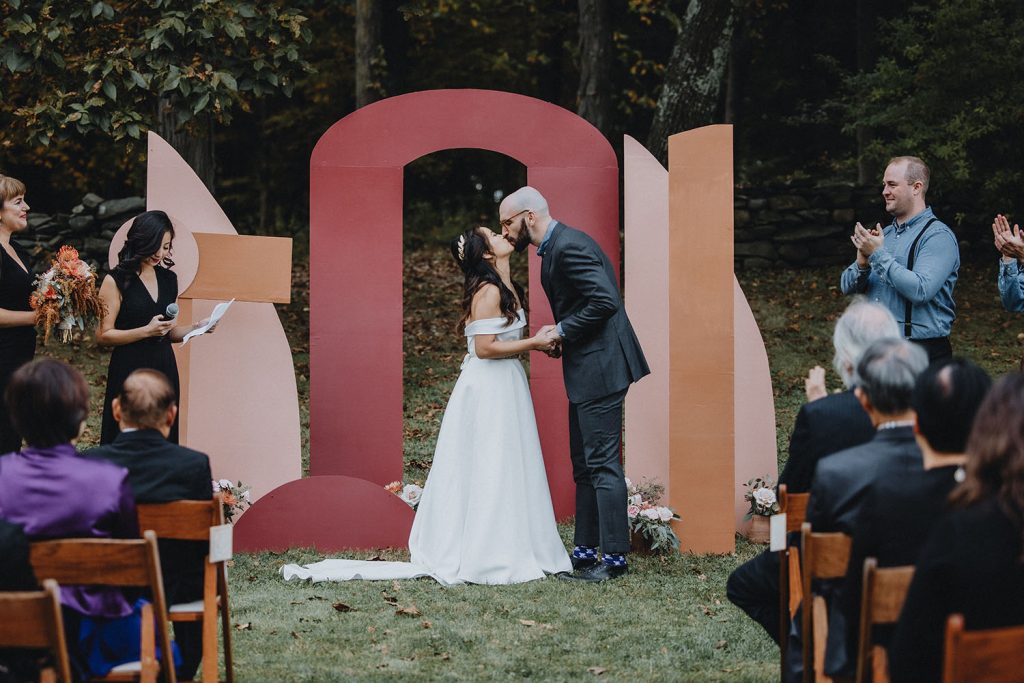 colorful ceremony at fall wedding in Hudson Valley