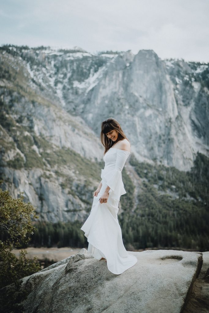 Bride on top of mountain during yosemite elopement