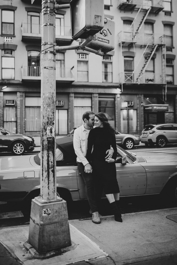 Couple during urban vintage engagement shoot in nyc