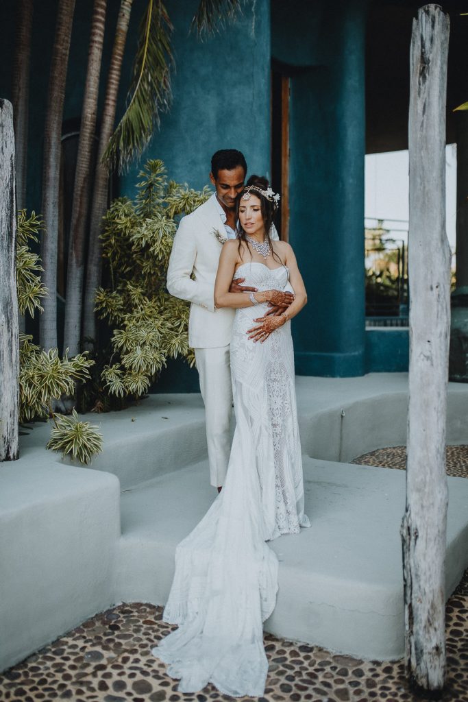 Bride and groom at boho destination wedding in mexico