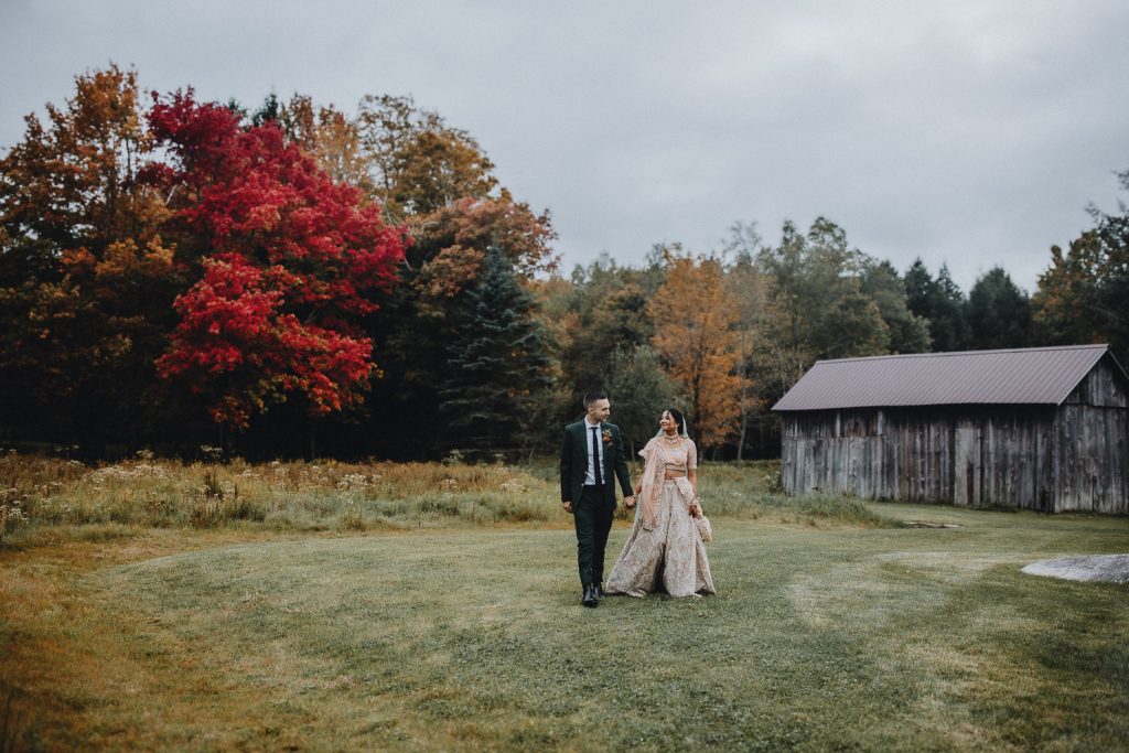 Bride and groom at fall wedding in the hudson valley