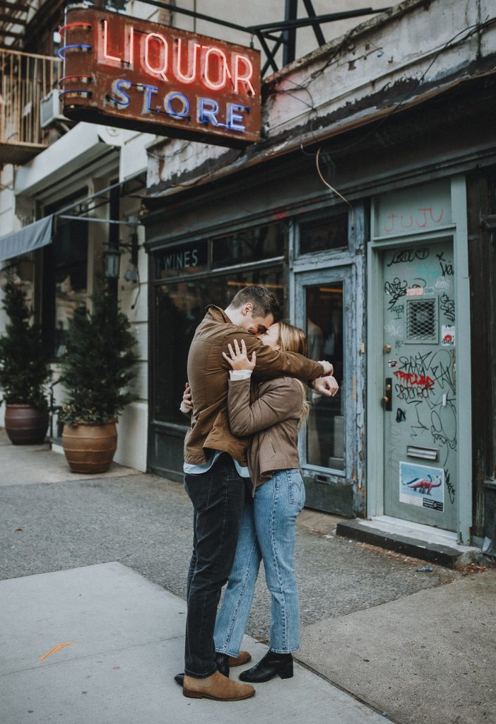 Couple during engagement session in tribeca nyc