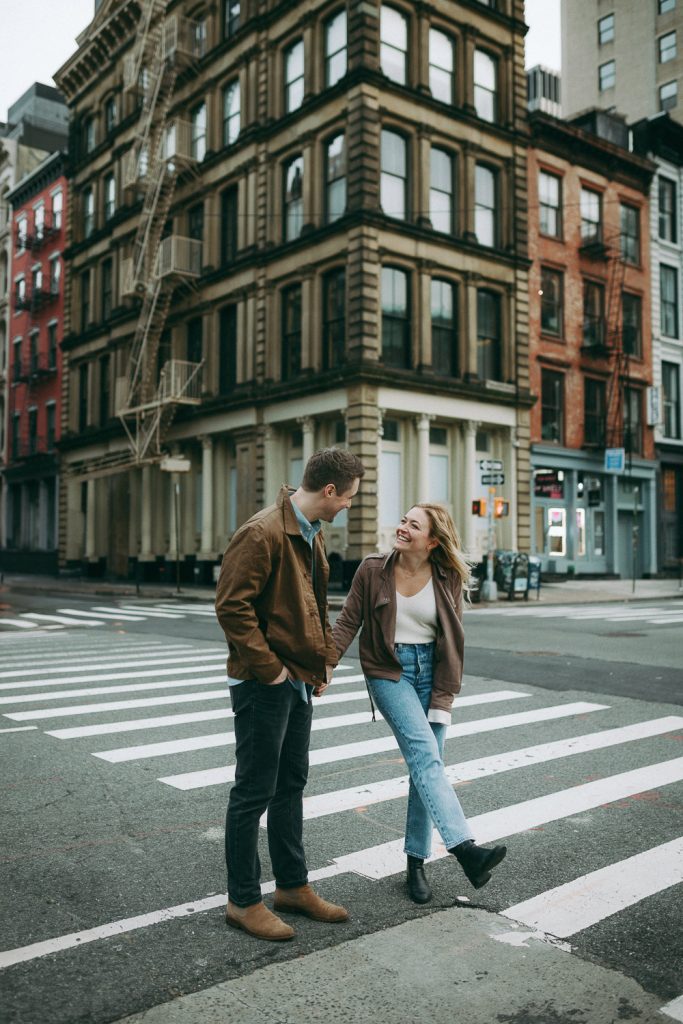 Couple during engagement session in tribeca nyc