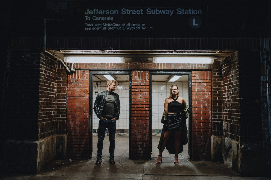 Couple at night during grungy photoshoot in bushwick