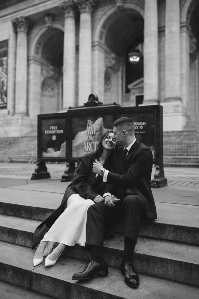 Black and white wedding photo at NYC public library