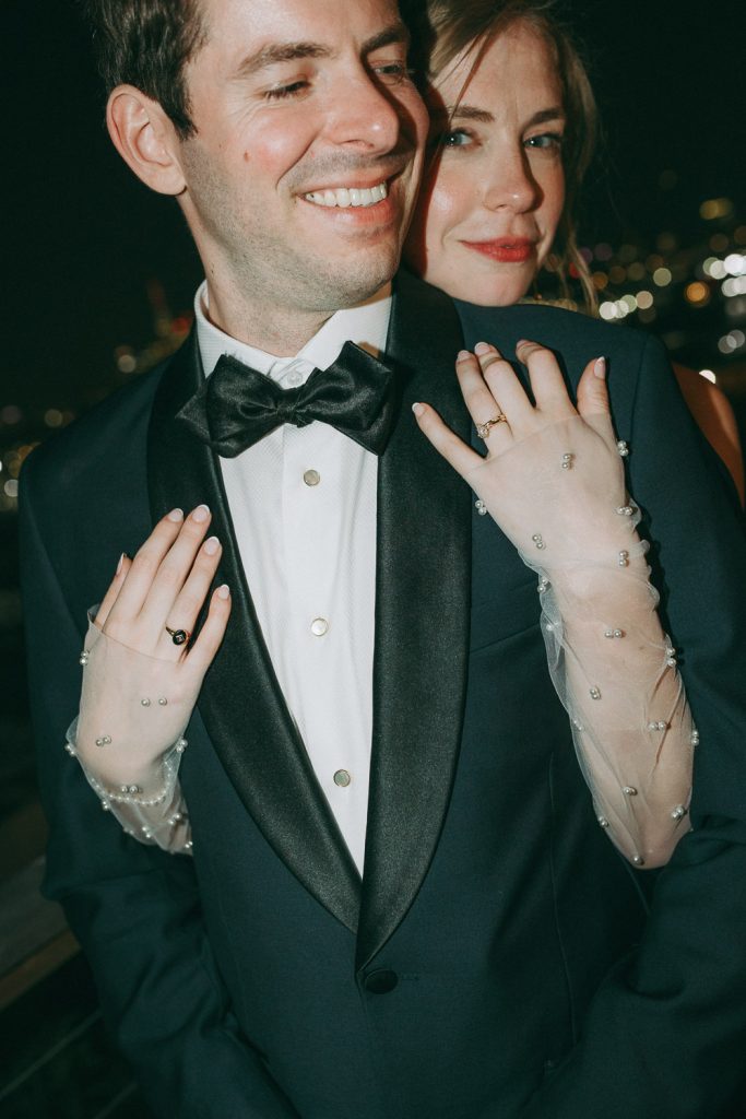 Flash photo of bride and groom at classy nyc wedding reception