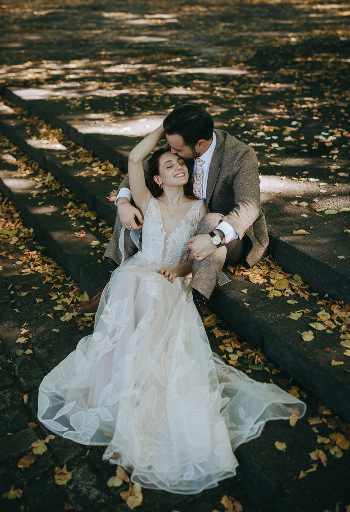 Bride and groom at fall wedding in nyc park