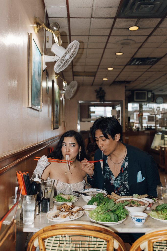 Bride and groom in nyc restaurant during elopement wedding