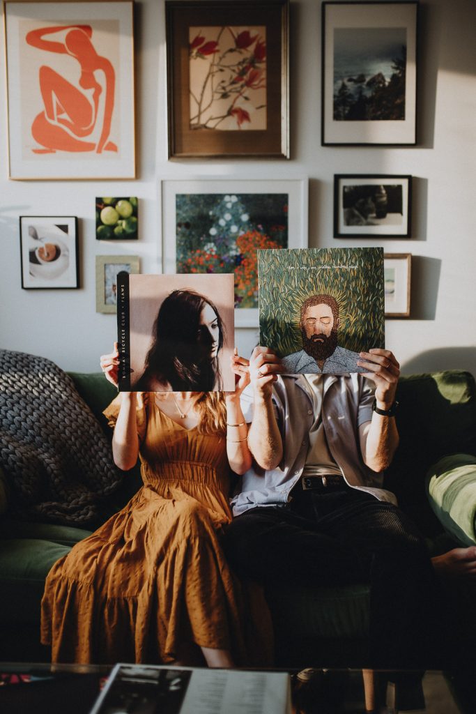 Couple during engagement session at home in nyc