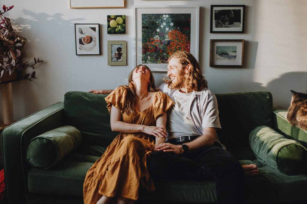 Couple during engagement session at home in nyc