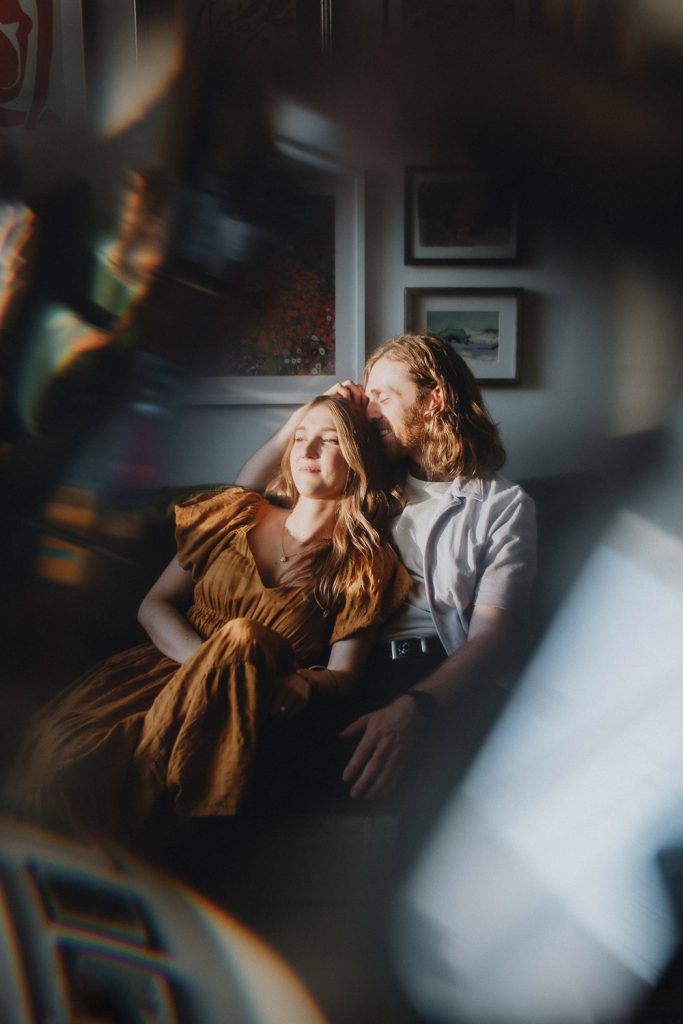 Couple during engagement session at home in nyc