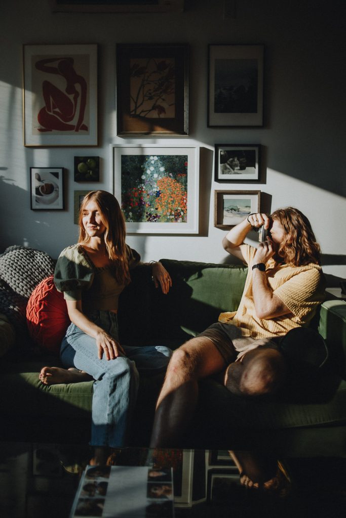 Couple during engagement session at home in nyc