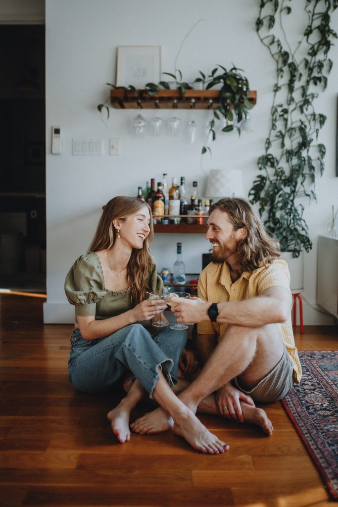 Couple during engagement session at home in nyc