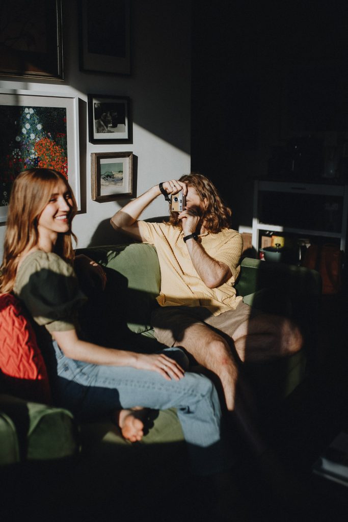 Couple during engagement session at home in nyc