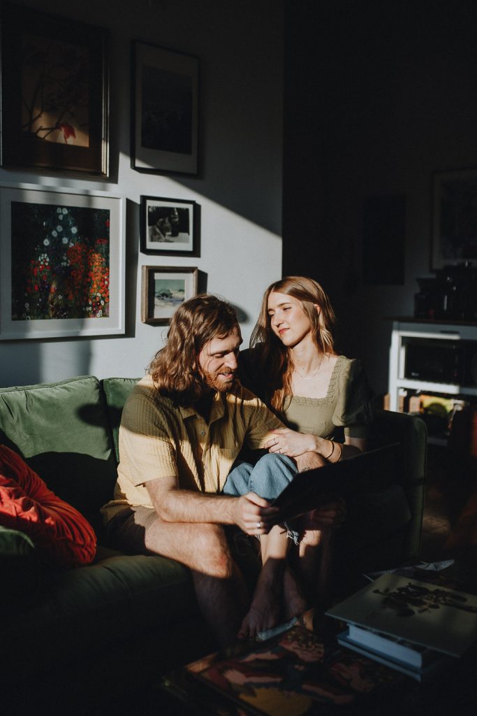 Couple during engagement session at home in nyc