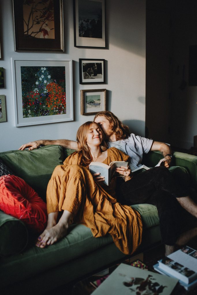 Couple during engagement session at home in nyc