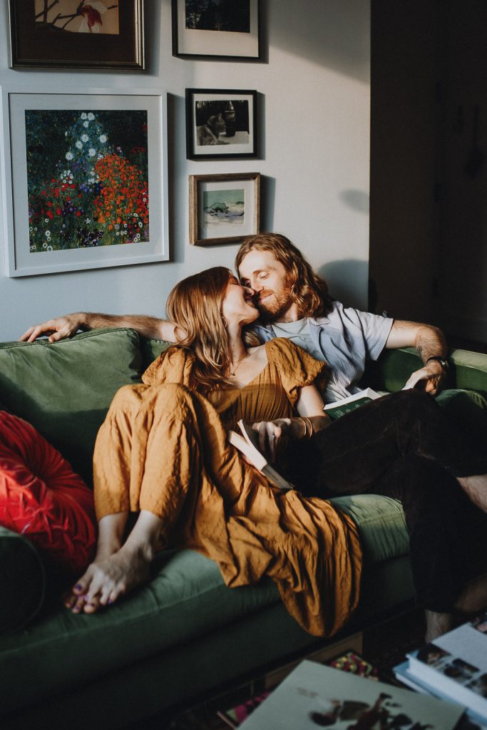 Couple during engagement session at home in nyc