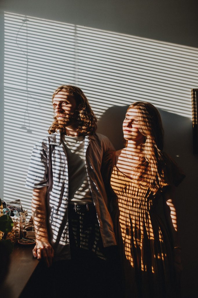 Couple during engagement session at home in nyc