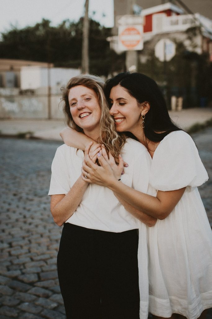 Queer couple during engagement session in brooklyn