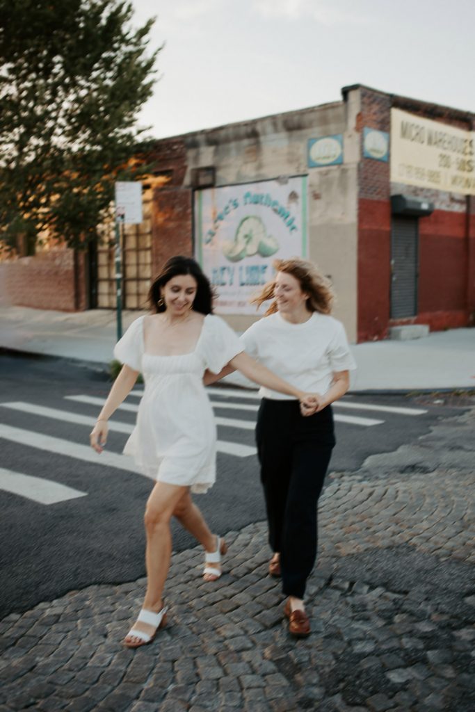 Queer couple during engagement session in brooklyn