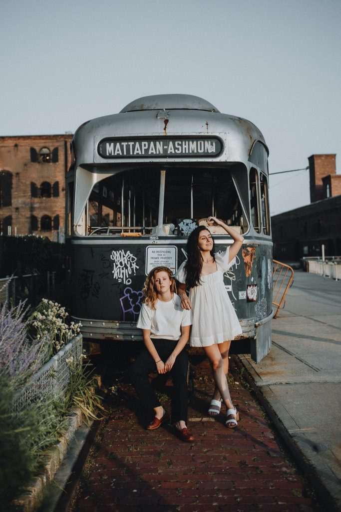 Queer couple during engagement session in brooklyn