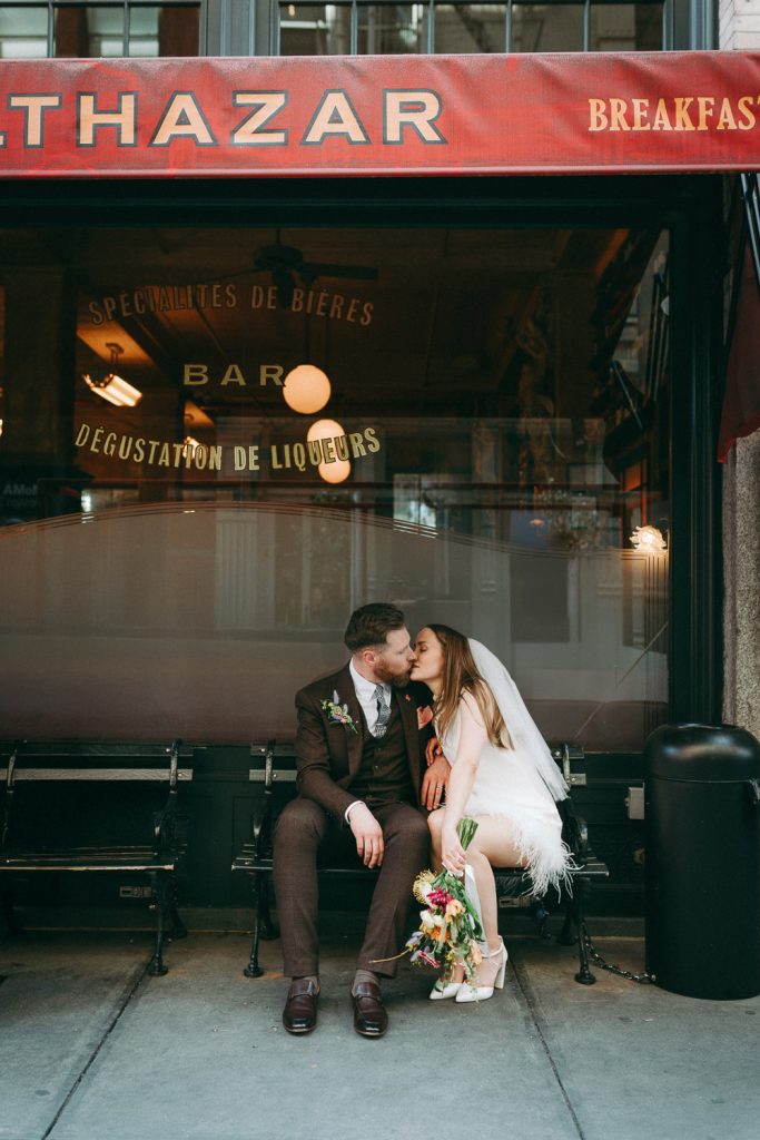 Bride and groom at balthazar restaurant for nyc wedding