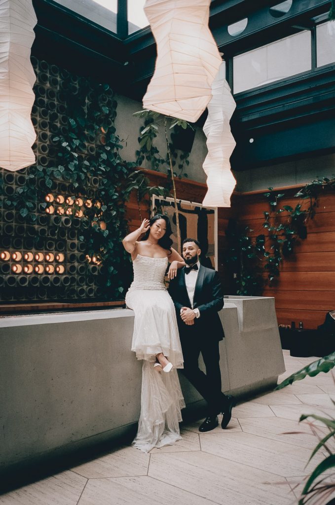 Film photo of bride and groom at wedding at ace hotel brooklyn