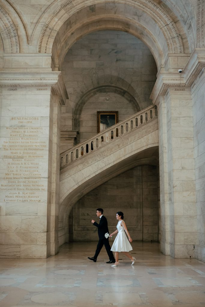Bride and groom at new york public library for elopement
