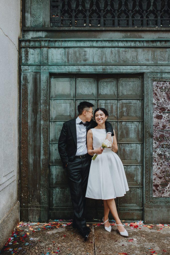Bride and groom at nyc city hall for elopement wedding