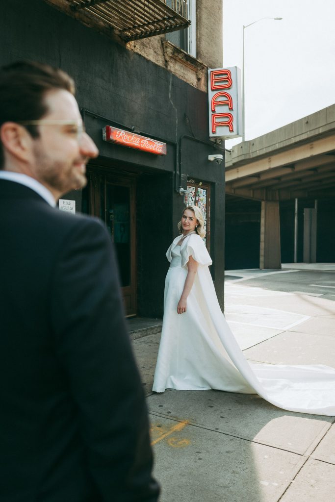Bride and groom at brooklyn bar for wedding
